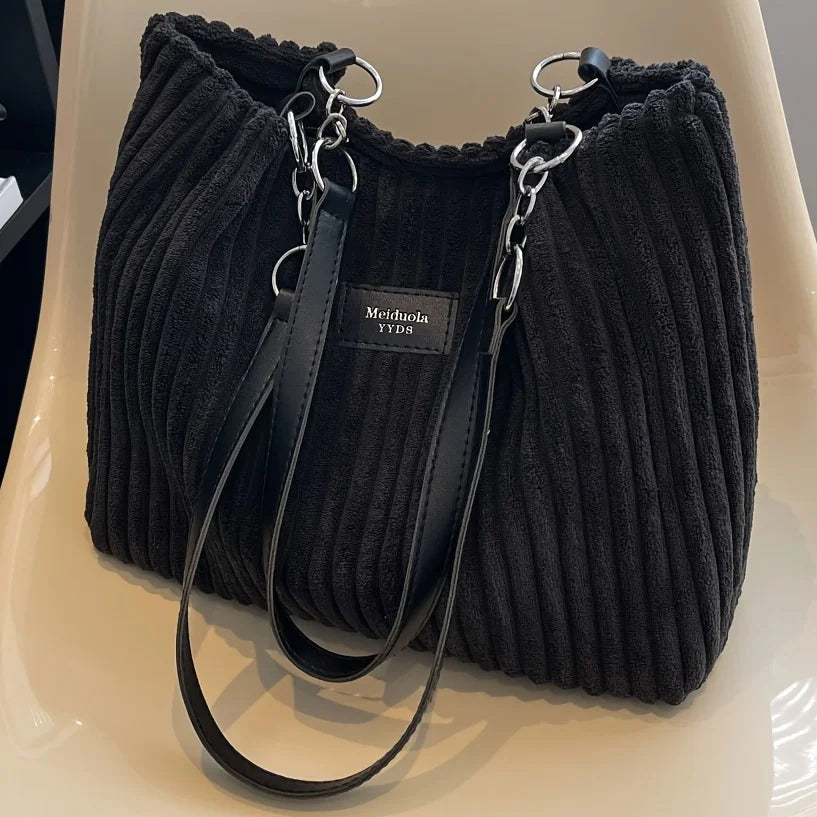 Sac à bandoulière en velours côtelé pour femme avec sangle fixe 